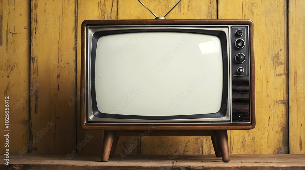 Old vintage tv wit antenna on wooden table isolated on yellow background, template with copy space area,