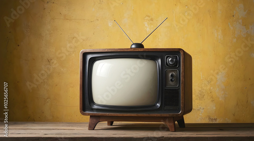 Obraz na płótnie Old vintage tv wit antenna on wooden table isolated on yellow background, template with copy space area, w salonie