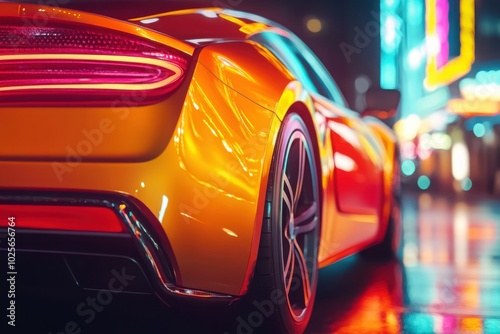 Rear View Of Orange Sports Car With Neon Reflections On City Street At Night photo
