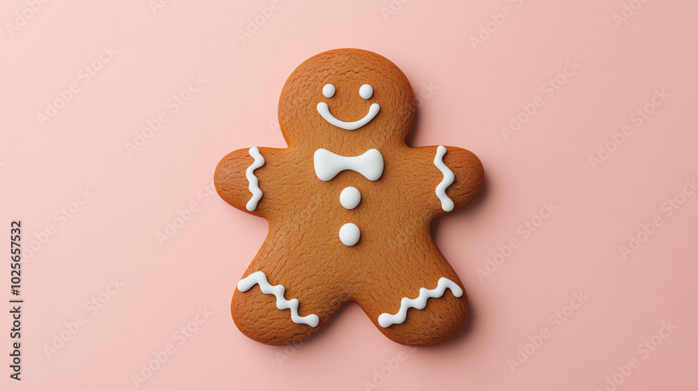 A delightful gingerbread man cookie decorated with icing on a soft pink background, perfect for festive celebrations or holiday themes. A delightful gingerbread man cookie decorated with icing on a soft pink background, perfect for festive celebrations or holiday themes.