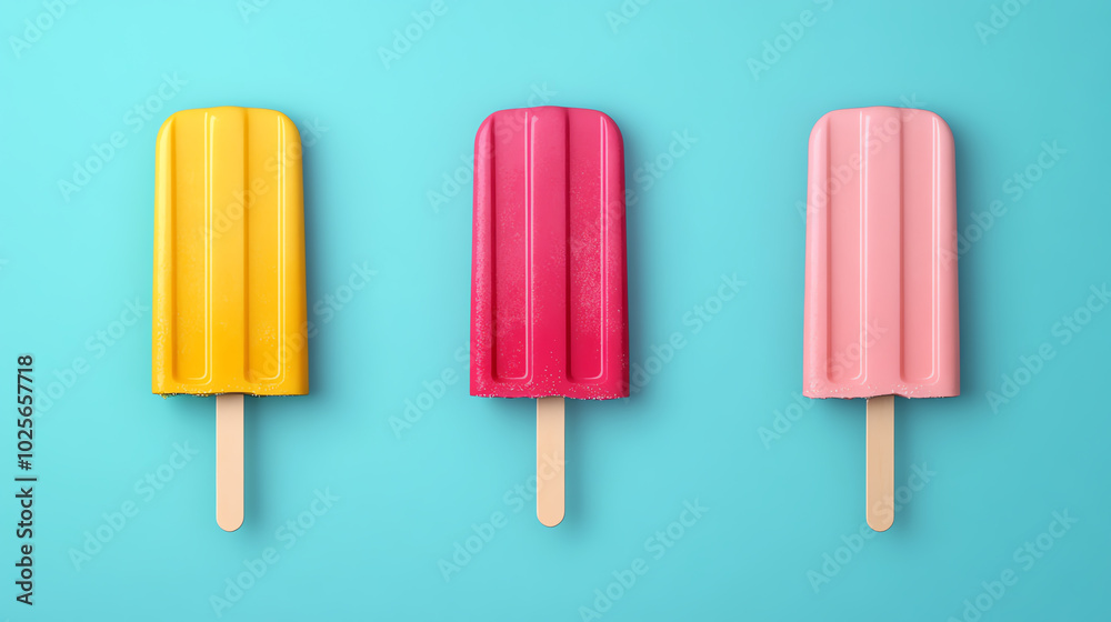 Colorful popsicles in vibrant shades against a soft blue background, perfect for summer treats and refreshing desserts. Colorful popsicles in vibrant shades against a soft blue background, perfect for summer treats and refreshing desserts.