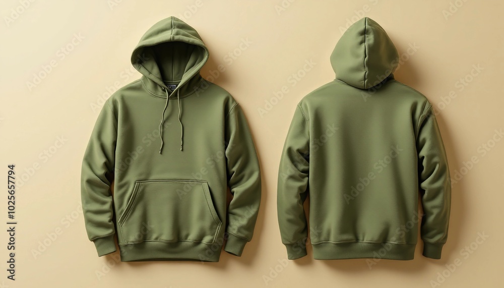Olive Green Hoodie Front and Back Display on a Beige Background  
