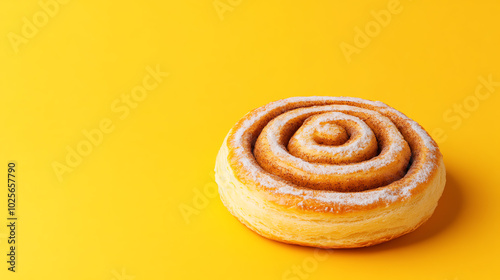 Delicious cinnamon roll on a vibrant yellow background, showcasing its swirls and sweet frosting, perfect for bakery promotions.