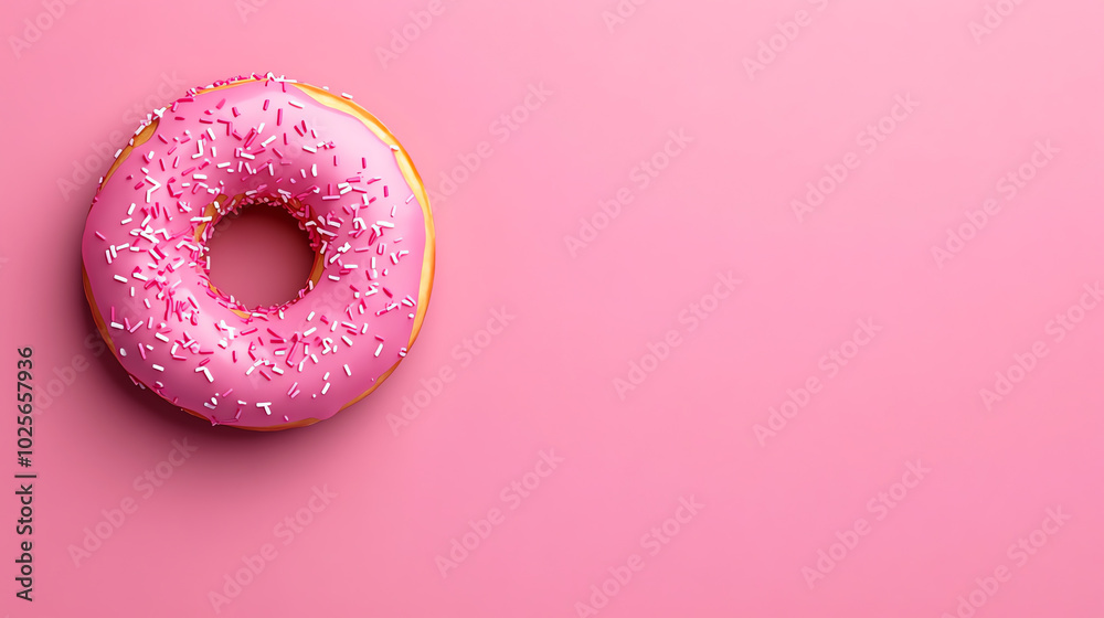 Delicious pink donut with sprinkles on a pastel pink background, perfect for sweet treats and dessert themes.