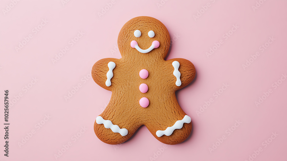 Gingerbread man cookie with icing and decorations on a pink background. Perfect for holiday baking and festive treats. Gingerbread man cookie with icing and decorations on a pink background. Perfect for holiday baking and festive treats.