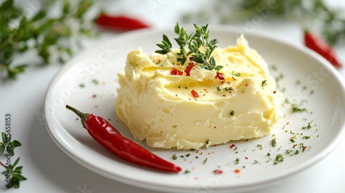 Cowboy butter served with a chili pepper garnish, isolated on a crisp white background with herbs scattered for decoration