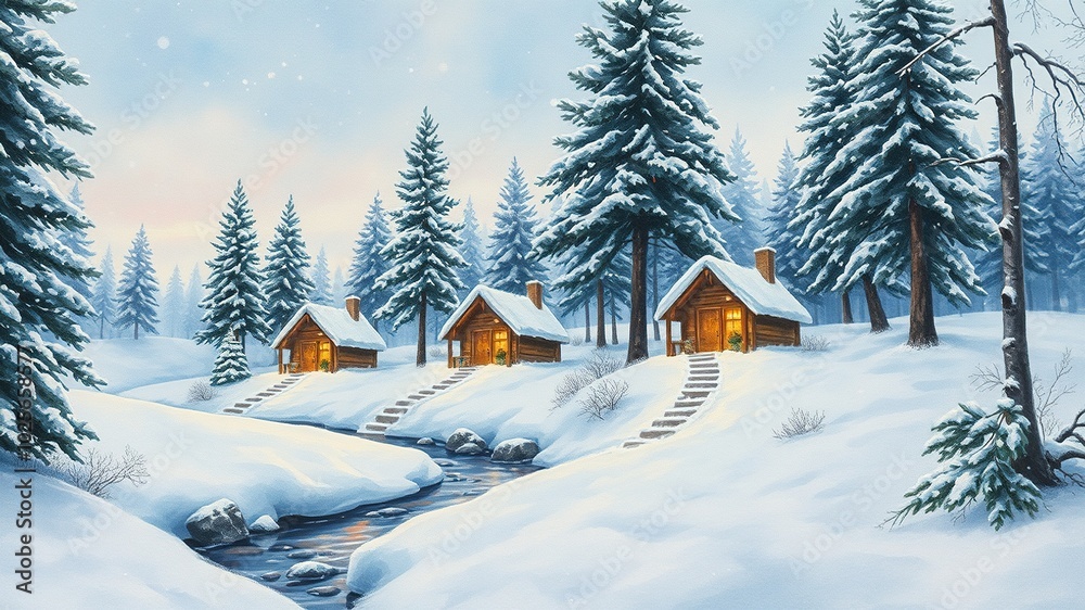 Snowy Winter Landscape with Cozy Huts and Pine Trees - Photorealistic Christmas Card Snowy Winter Landscape with Cozy Huts and Pine Trees - Photorealistic Christmas Card