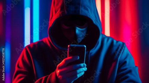 Hacker in a dark hoodie using a smartphone in neon lighting photo