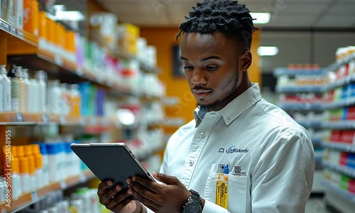 A man in a pharmacy using a tablet to assist customers.