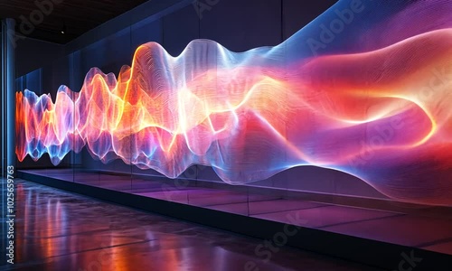 Colorful wave-like light installation in a modern space.