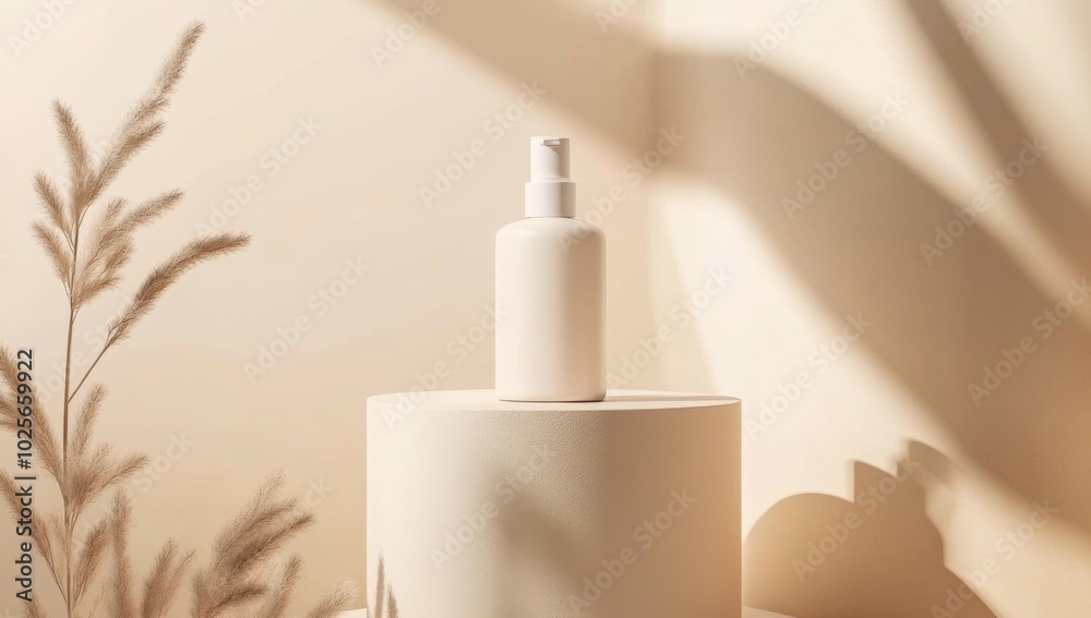 white cosmetic bottle mockup on podium against beige wall with dried flowers white cosmetic bottle mockup on podium against beige wall with dried flowers