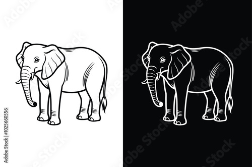 Minimalist Elephant Icon. Clean Line Art on White and Black Vector Backgrounds