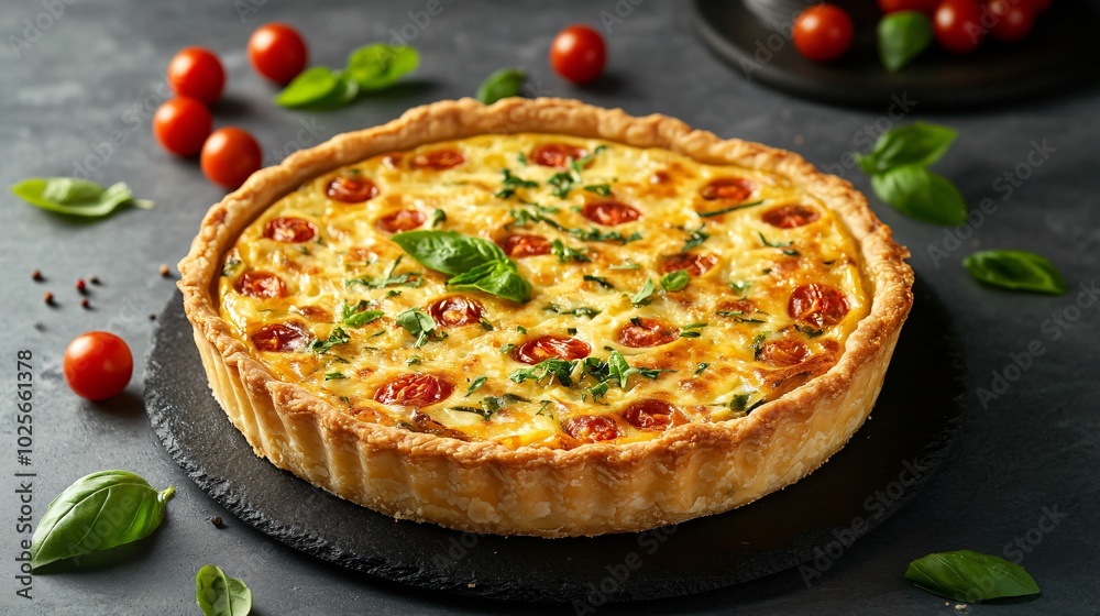A golden Coronation quiche with a savory filling, isolated on a dark gray background with scattered basil leaves and cherry tomatoes A golden Coronation quiche with a savory filling, isolated on a dark gray background with scattered basil leaves and cherry tomatoes