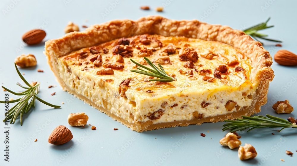 A slice of Coronation quiche with buttery crust, isolated on a pastel blue background with sprigs of rosemary and scattered nuts A slice of Coronation quiche with buttery crust, isolated on a pastel blue background with sprigs of rosemary and scattered nuts