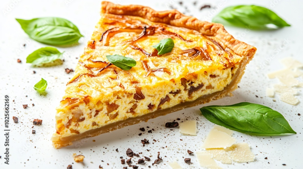 A slice of Coronation quiche with caramelized onions, isolated on a soft white background with basil leaves and parmesan shavings A slice of Coronation quiche with caramelized onions, isolated on a soft white background with basil leaves and parmesan shavings