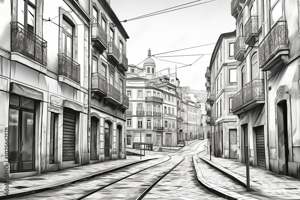 Fototapeta premium black and white clean coloring page for adults, street shot of downtown, Porto