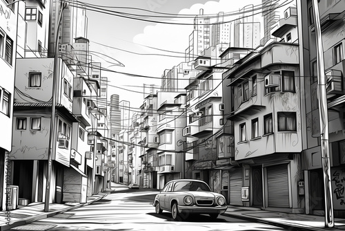 black and white clean coloring page for adults, street shot of downtown, Rio