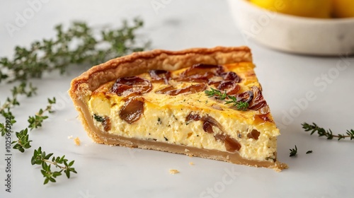 A slice of Coronation quiche with caramelized onions and cheese, isolated on a light gray background with decorative herbs and lemon zest