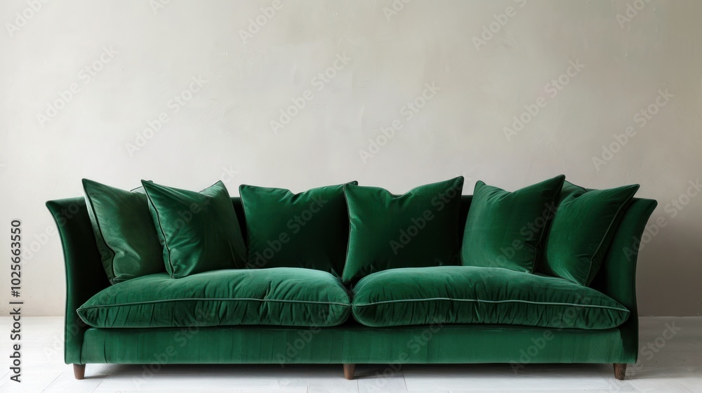 Obraz premium Green Velvet Sofa with Pillows in Front of White Wall