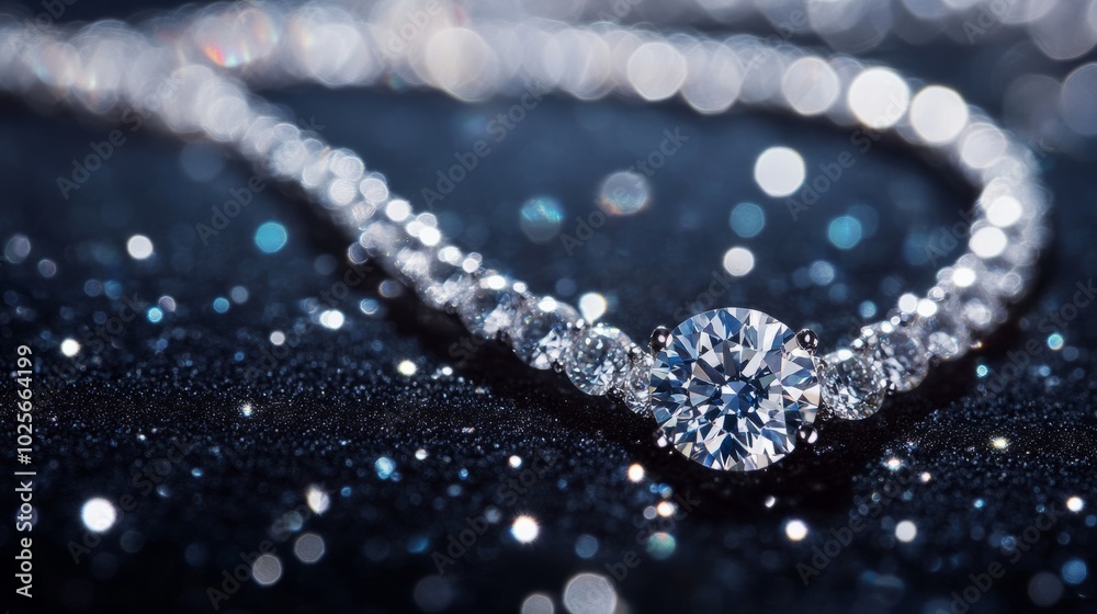 A close-up of an elegant diamond necklace resting on a black velvet surface, showcasing the brilliance and sparkle of the diamonds in a luxurious setting. A close-up of an elegant diamond necklace resting on a black velvet surface, showcasing the brilliance and sparkle of the diamonds in a luxurious setting.