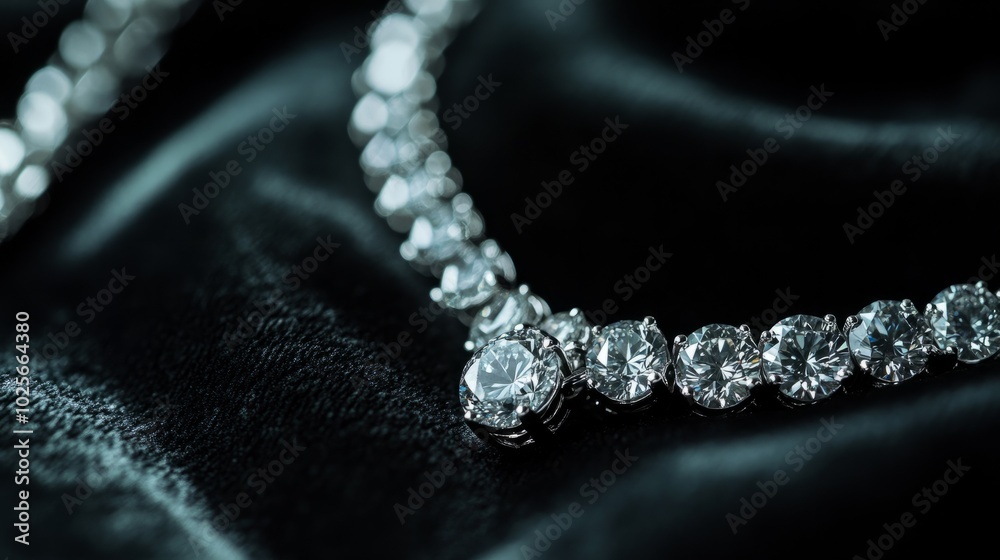A close-up of an elegant diamond necklace resting on a black velvet surface, showcasing the brilliance and sparkle of the diamonds in a luxurious setting. A close-up of an elegant diamond necklace resting on a black velvet surface, showcasing the brilliance and sparkle of the diamonds in a luxurious setting.