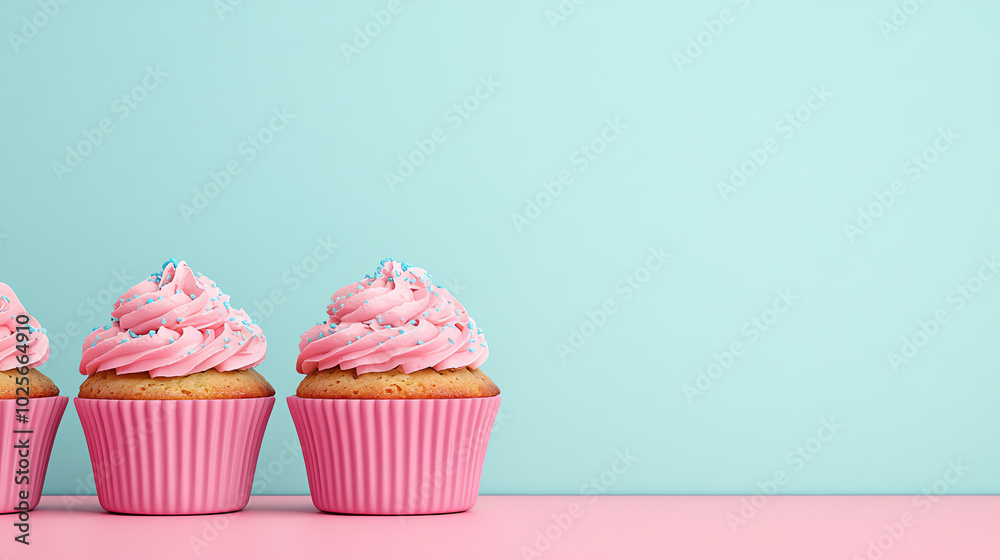 Three delicious cupcakes with pink frosting placed neatly against a soft blue background, creating a vibrant and inviting dessert scene. Three delicious cupcakes with pink frosting placed neatly against a soft blue background, creating a vibrant and inviting dessert scene.