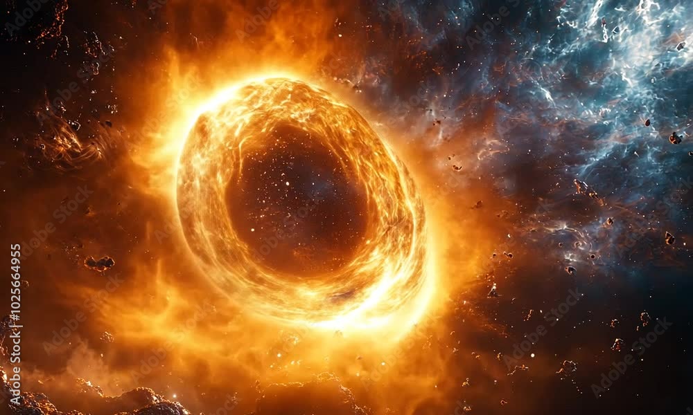 A vibrant cosmic explosion depicting a fiery ring in space. A vibrant cosmic explosion depicting a fiery ring in space.