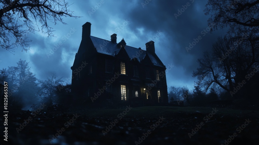 An empty scene featuring a silhouette of a haunted mansion with light glowing in the windows against a dark sky, creating an ideal product mockup space, An empty scene featuring a silhouette of a haunted mansion with light glowing in the windows against a dark sky, creating an ideal product mockup space,