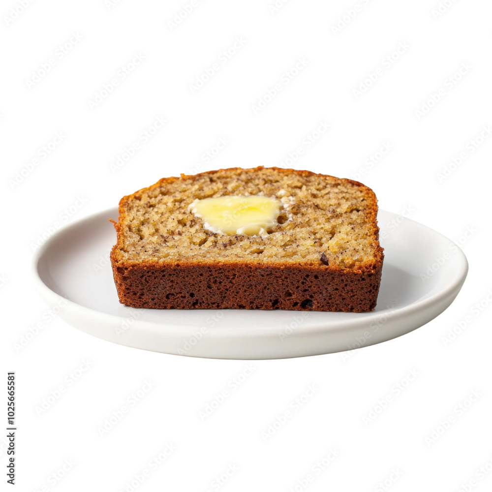 A delicious slice of banana bread served on a small white plate with a pat of butter A delicious slice of banana bread served on a small white plate with a pat of butter