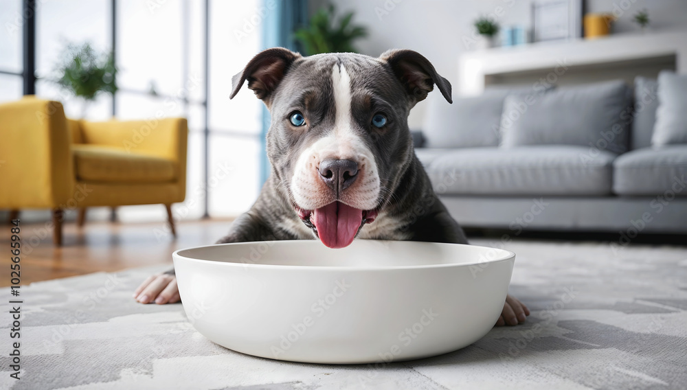 Cute little Pitt Bull puppy dog eating form blank white bowl mock up in modern living room background, pets and animals