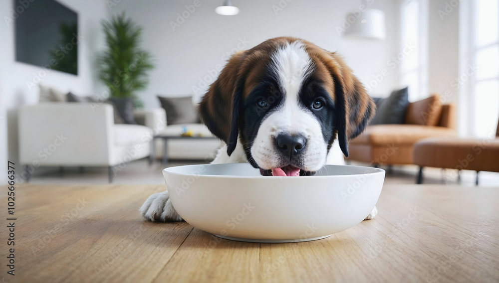 Cute little St. Bernard puppy dog eating form blank white bowl mock up in modern living room background, pets and animals