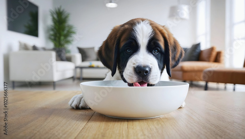 Obraz na płótnie Cute little St. Bernard puppy dog eating form blank white bowl mock up in modern living room background, pets and animals w salonie