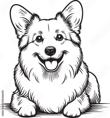 Pembroke Welsh Corgi dog breed vector black line illustration isolated on a white background.