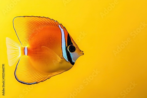 Orange and Blue Butterflyfish Against a Yellow Background photo