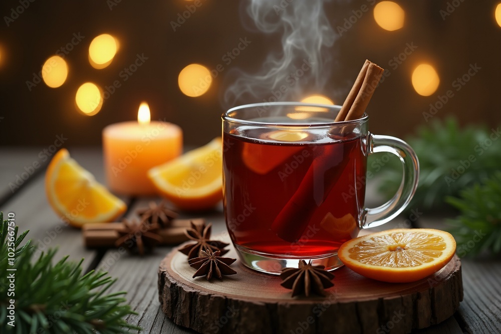 Cozy winter evening with warm spiced tea and citrus aromas for a festive holiday ambience. Cozy winter evening with warm spiced tea and citrus aromas for a festive holiday ambience.