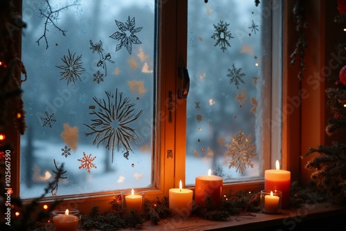 Cozy winter scene with candlelit window and frost designs for holiday decor. photo