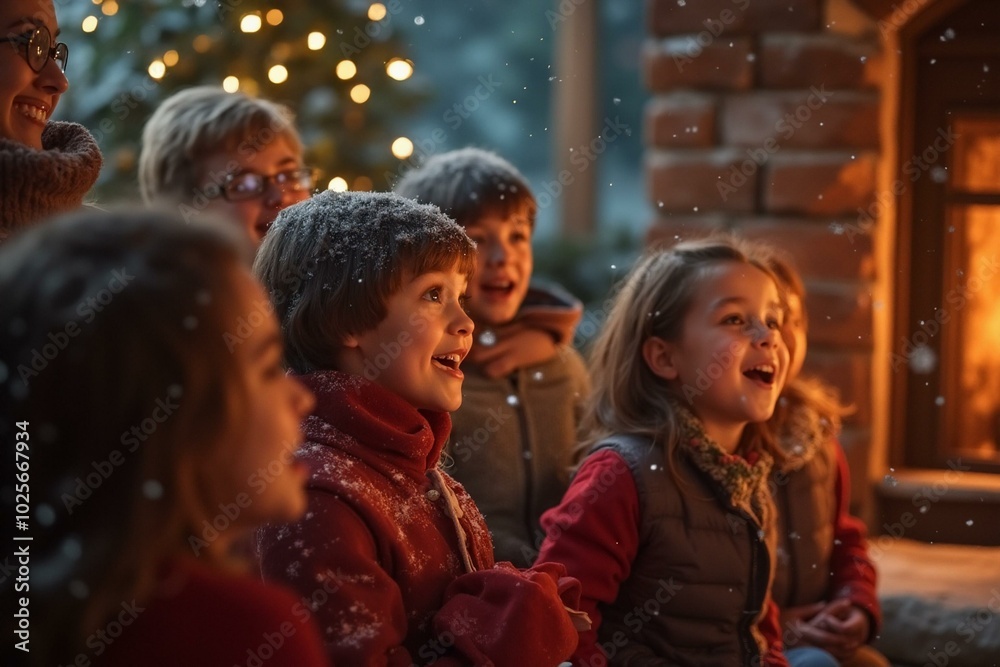 Cozy winter evening with kids by the fireplace during christmas celebration. Cozy winter evening with kids by the fireplace during christmas celebration.
