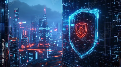 Futuristic IT Security Landscape Featuring Shield Icon and Advanced Protection Concepts