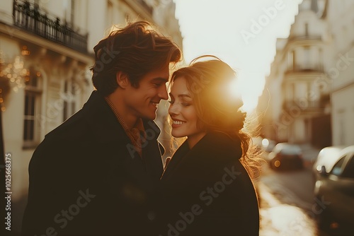 A young couple, bathed in the golden glow of a Parisian sunset, share a tender moment of love and connection, their eyes locked in a shared gaze of affection.  photo