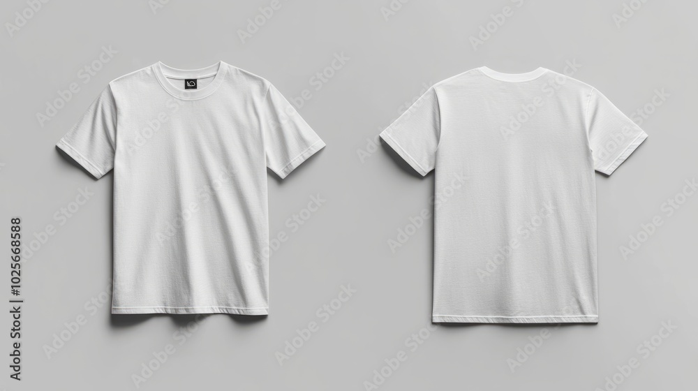 Minimalistic white male T-shirt mockup, with clear front and back view for template design and branding illustration. Minimalistic white male T-shirt mockup, with clear front and back view for template design and branding illustration.