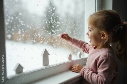 Child enjoying winter wonderland through frosted window.