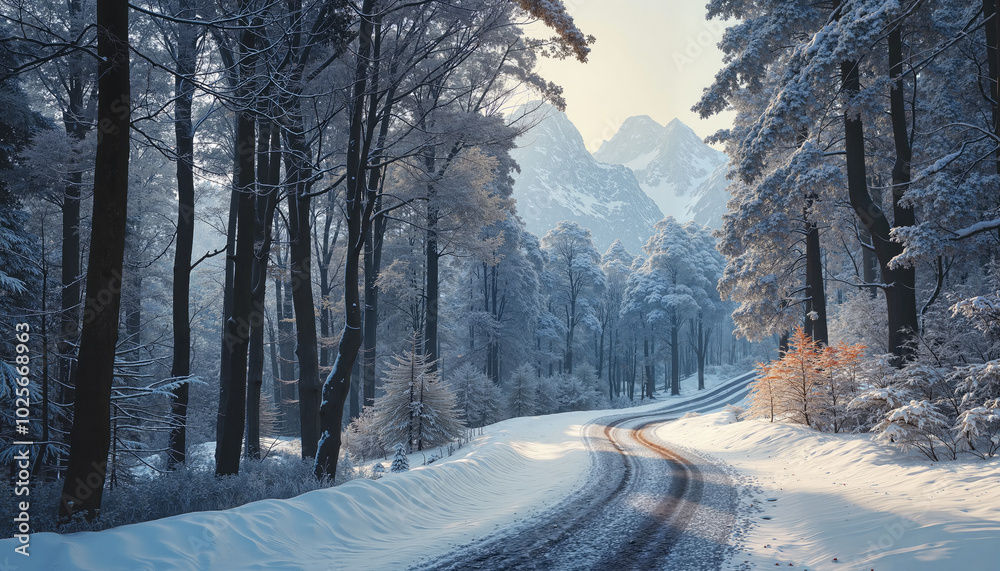 Obraz premium Snowy Mountain Road Through Winter Forest. Winter Wonderland with Snow-Covered Mountain Path