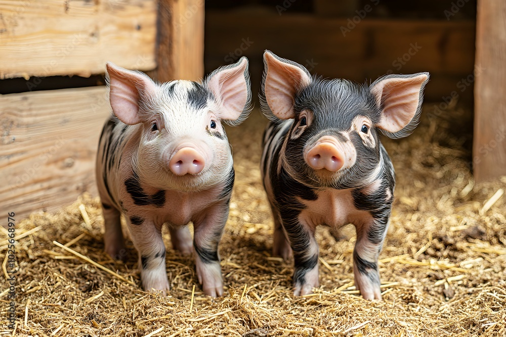 Piglets: Two adorable piglets with black and white markings, standing side by side in a rustic barn setting. The piglets are looking at the camera with a playful and curious expression. Piglets: Two adorable piglets with black and white markings, standing side by side in a rustic barn setting. The piglets are looking at the camera with a playful and curious expression.