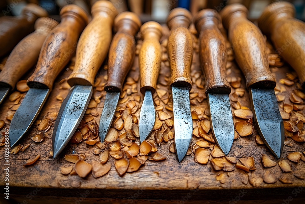 Sharpened Tools: A Row of Handcrafted Wood Carving Tools on a Workbench, Ready for Artistic Precision. Sharpened Tools: A Row of Handcrafted Wood Carving Tools on a Workbench, Ready for Artistic Precision.