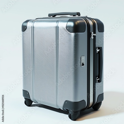Silver hard-shell suitcase with wheels and a handle, isolated on white background.
