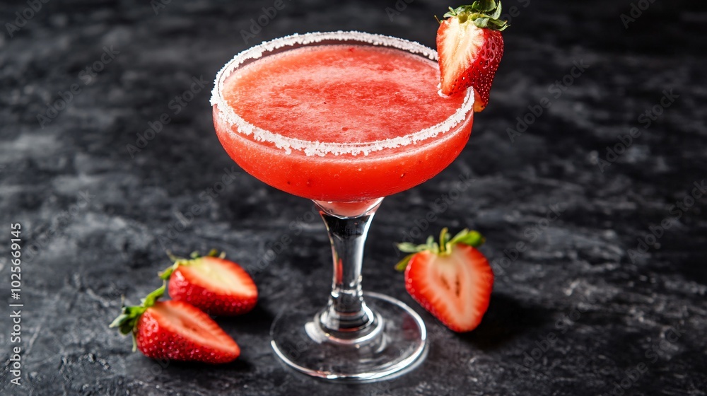 Vibrant strawberry margarita in a glass, isolated on a slate black background with sugar-rimmed edges and sliced strawberries Vibrant strawberry margarita in a glass, isolated on a slate black background with sugar-rimmed edges and sliced strawberries