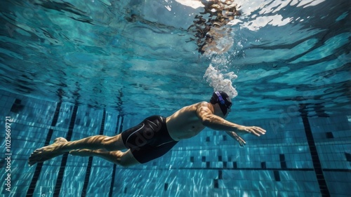 Athletic male swimmer swimming underwater in pool lane