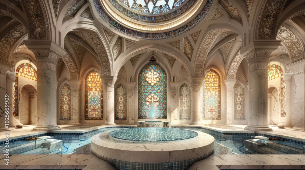 Obraz premium An ornate interior with a marble fountain and stained glass windows in a pool.