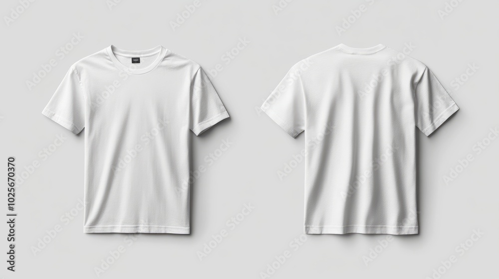 Naklejka premium Simple white male T-shirt mockup, showcasing both front and back views on a plain background for template design.