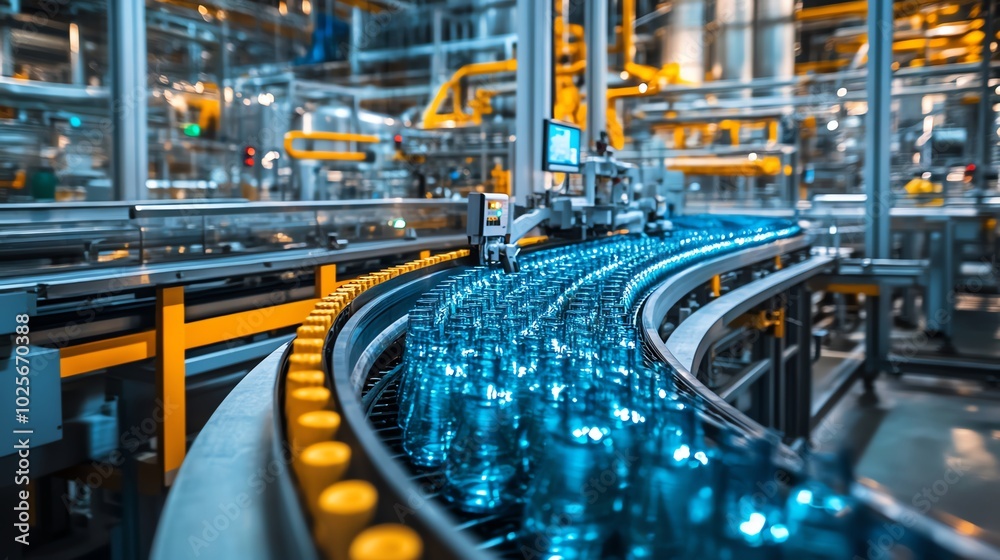 Bottling plant production line with blue bottles. Bottling plant production line with blue bottles.